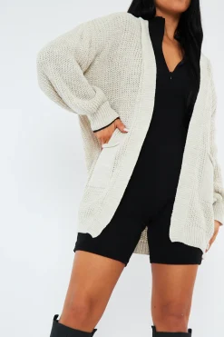 Rebellious Fashion Beige Relaxed Fit Front Pockets Cardigan - Joelle