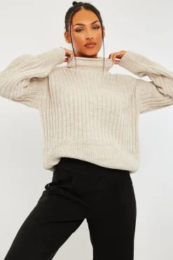 Rebellious Fashion Beige Ribbed Balloon Sleeve Jumper - Jamora