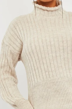 Rebellious Fashion Beige Ribbed Balloon Sleeve Jumper - Jamora