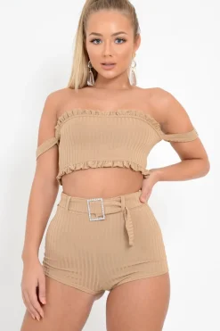 Rebellious Fashion Beige Ribbed Bardot Crop Top and Shorts Co-ord - Elissa