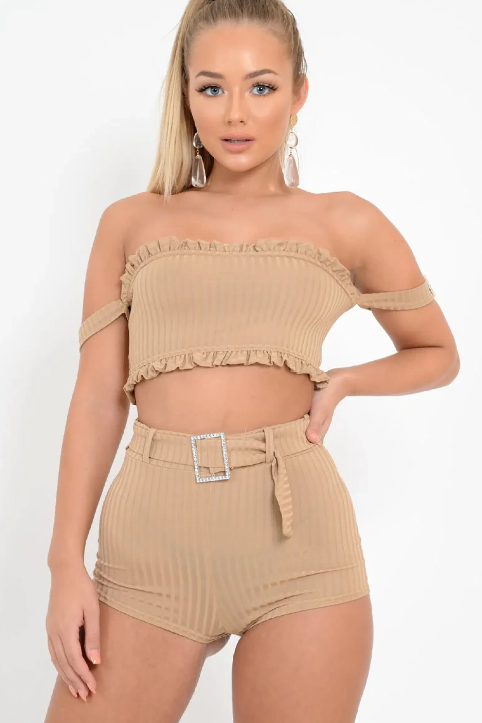 Rebellious Fashion Beige Ribbed Bardot Crop Top and Shorts Co-ord - Elissa