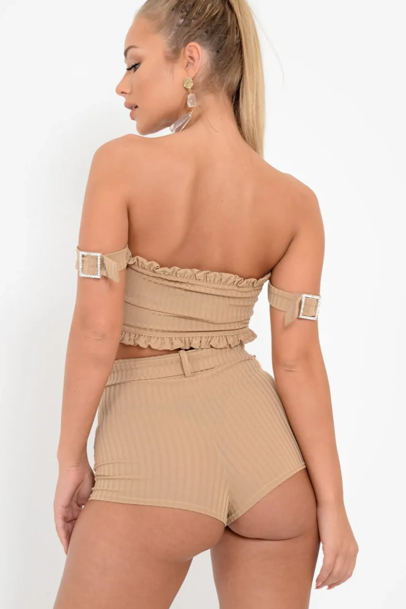 Rebellious Fashion Beige Ribbed Bardot Crop Top and Shorts Co-ord - Elissa
