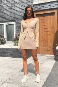 Rebellious Fashion Beige Ribbed Bodycon Mini Skirt - Jasline