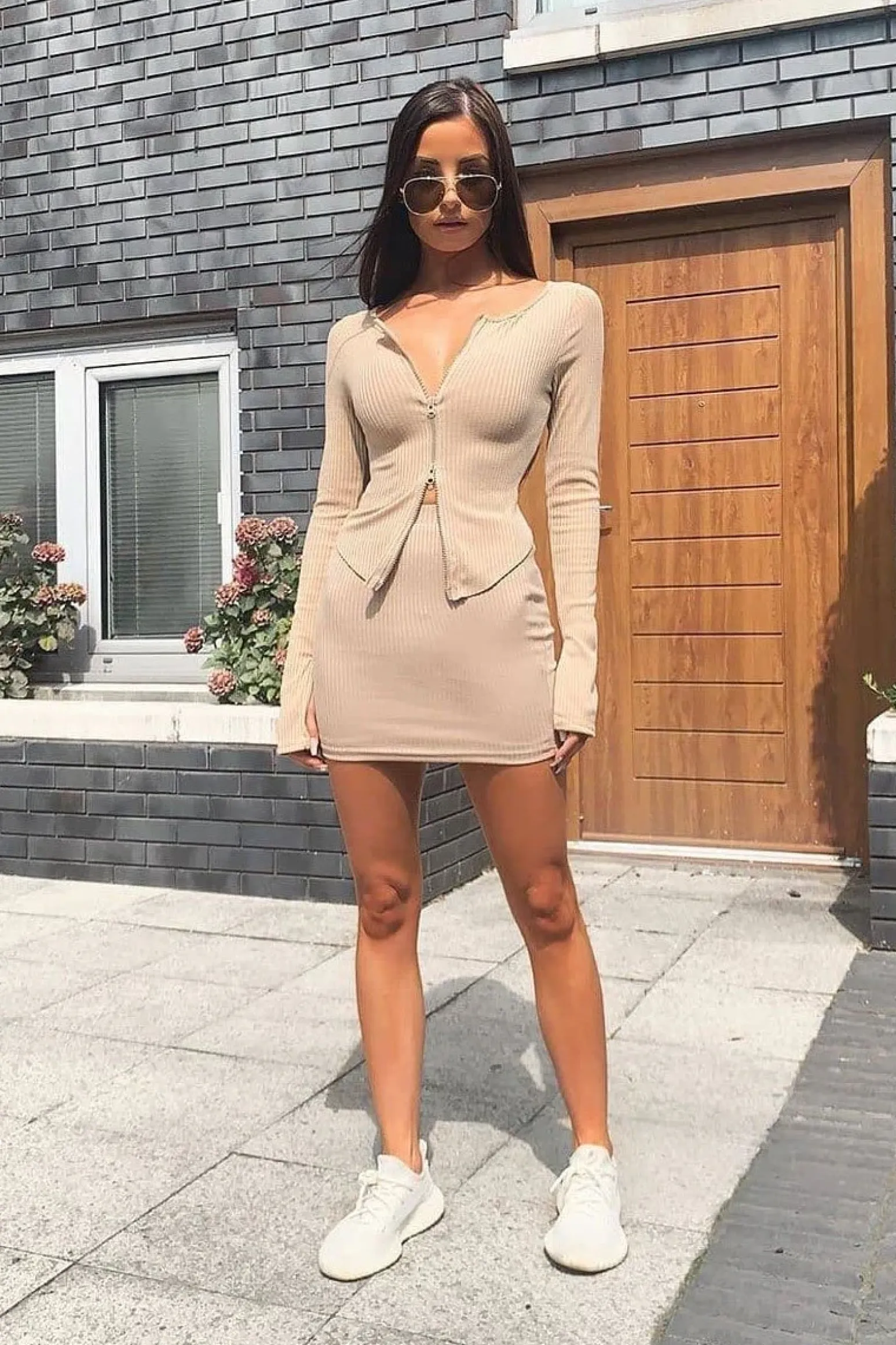 Rebellious Fashion Beige Ribbed Bodycon Mini Skirt - Jasline