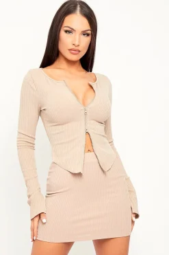 Rebellious Fashion Beige Ribbed Bodycon Mini Skirt - Jasline