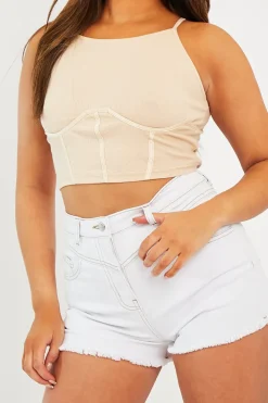 Rebellious Fashion Beige Ribbed Corset Racer Crop Top - Frida