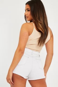 Rebellious Fashion Beige Ribbed Corset Racer Crop Top - Frida