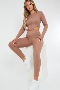 Rebellious Fashion Beige Ribbed Corset Style Hoodie & Leggings Set - Navah