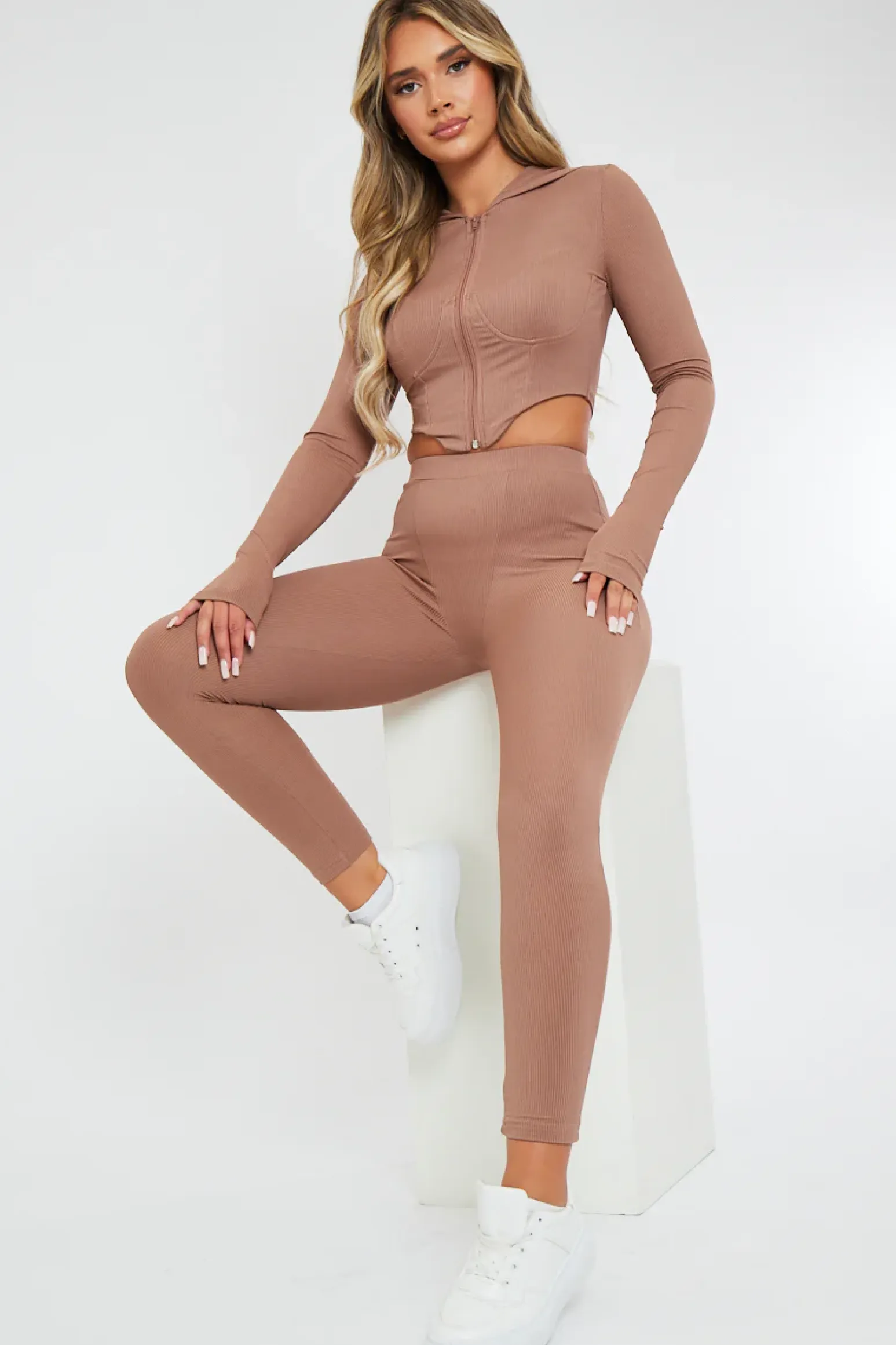 Rebellious Fashion Beige Ribbed Corset Style Hoodie & Leggings Set - Navah