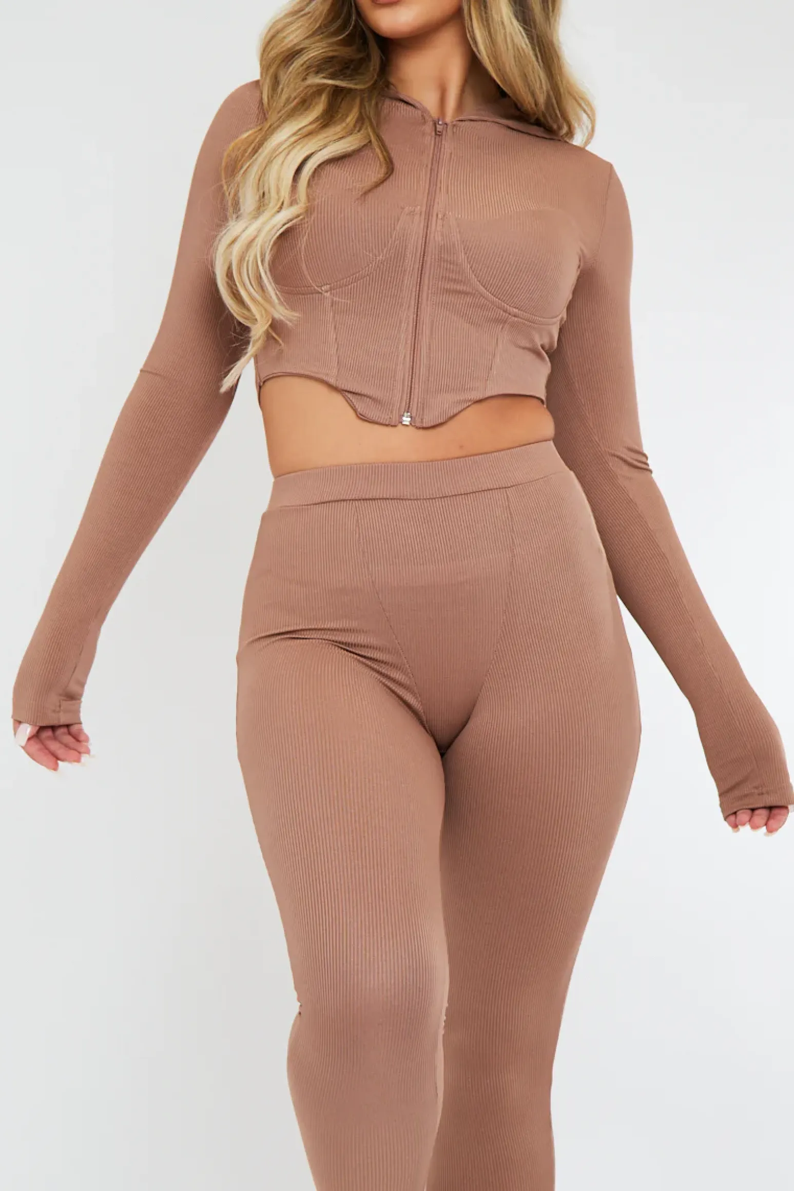 Rebellious Fashion Beige Ribbed Corset Style Hoodie & Leggings Set - Navah