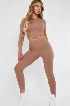 Rebellious Fashion Beige Ribbed Corset Style Hoodie & Leggings Set - Navah