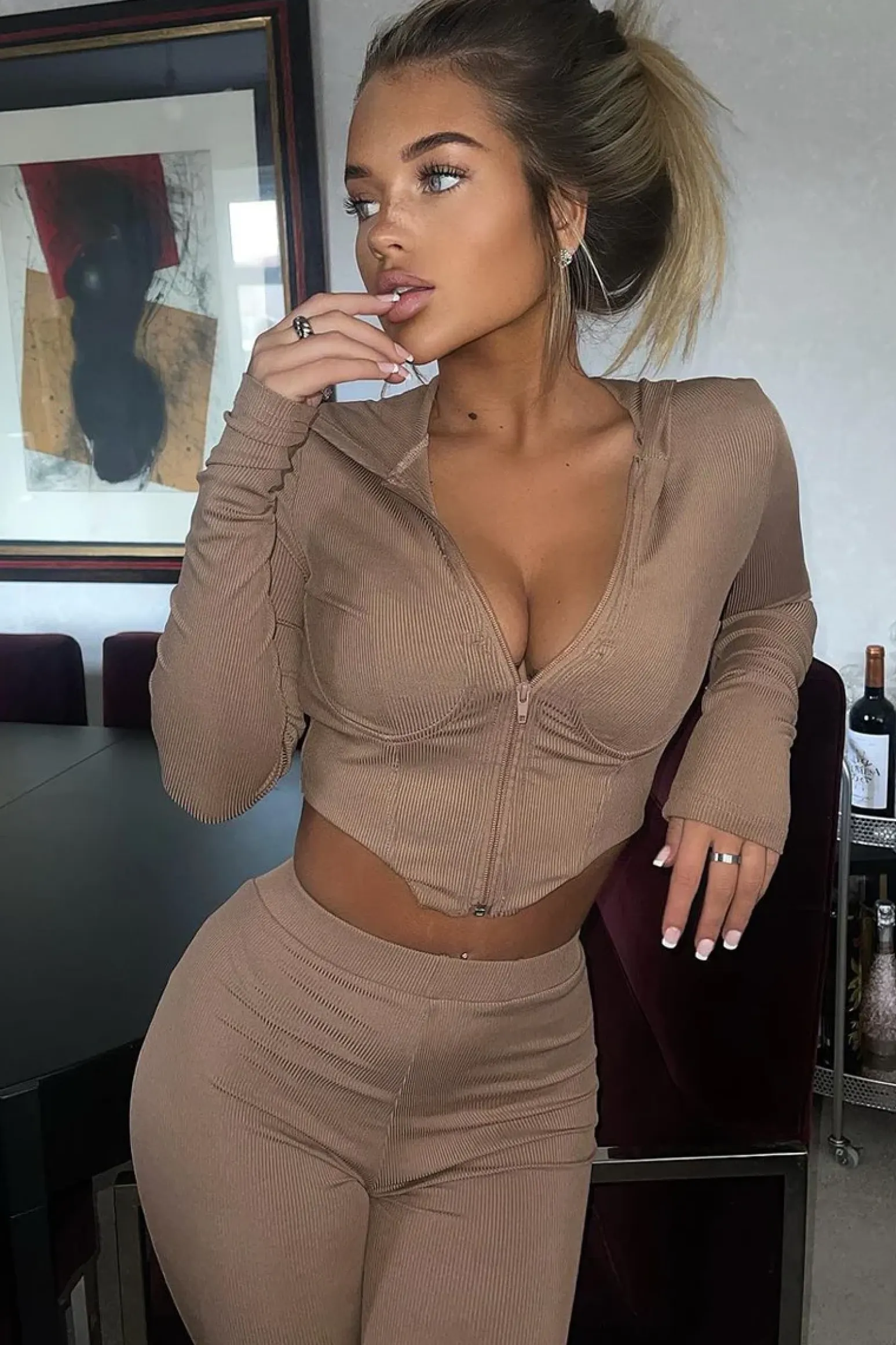 Rebellious Fashion Beige Ribbed Corset Style Hoodie & Leggings Set - Navah