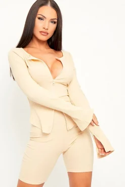 Rebellious Fashion Beige Ribbed Double Zip Top Cycling Short Co-ord - Jamia