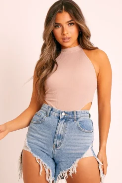 Rebellious Fashion Beige Ribbed High Neck Sleeveless Bodysuit - Electra
