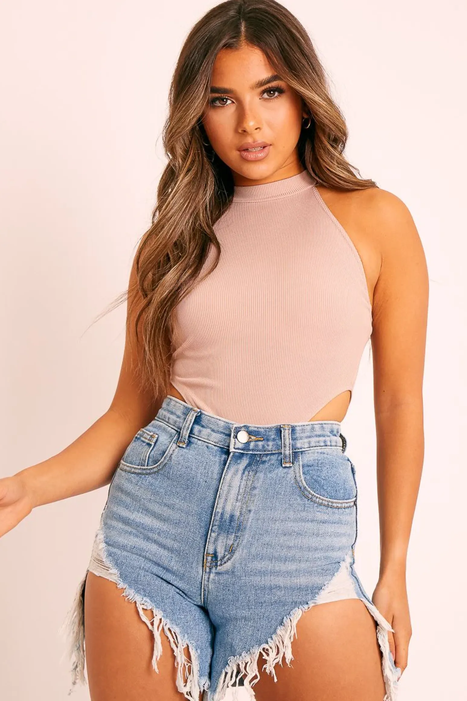 Rebellious Fashion Beige Ribbed High Neck Sleeveless Bodysuit - Electra