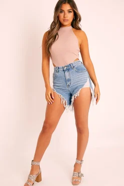 Rebellious Fashion Beige Ribbed High Neck Sleeveless Bodysuit - Electra