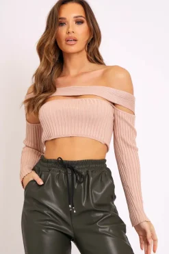 Rebellious Fashion Beige Ribbed Long Sleeve Extreme Cut Out Crop Top - Shaina