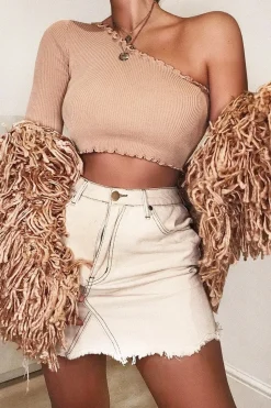 Rebellious Fashion Beige Ribbed One Shoulder Lettuce Hem Top - Henlee