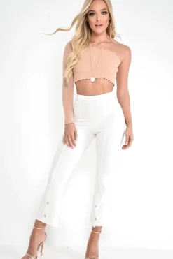 Rebellious Fashion Beige Ribbed One Shoulder Lettuce Hem Top - Henlee