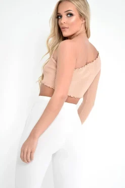 Rebellious Fashion Beige Ribbed One Shoulder Lettuce Hem Top - Henlee