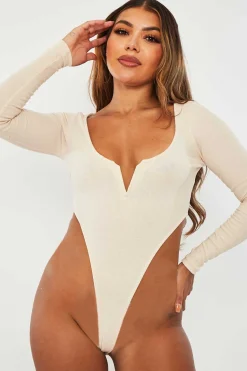 Rebellious Fashion Beige Ribbed Plunge High Cut Bodysuit - Fawn