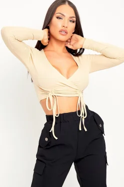 Rebellious Fashion Beige Ribbed Plunge Neckline Crop Top - Kaile