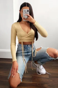 Rebellious Fashion Beige Ribbed Plunge Neckline Crop Top - Kaile