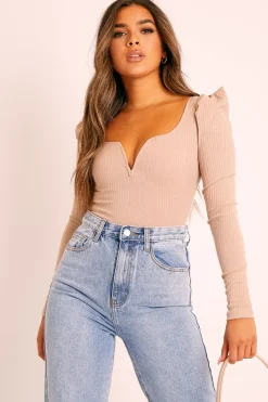 Rebellious Fashion Beige Ribbed Plunge Puff Sleeve Bodysuit - Saffy