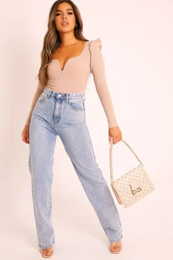 Rebellious Fashion Beige Ribbed Plunge Puff Sleeve Bodysuit - Saffy