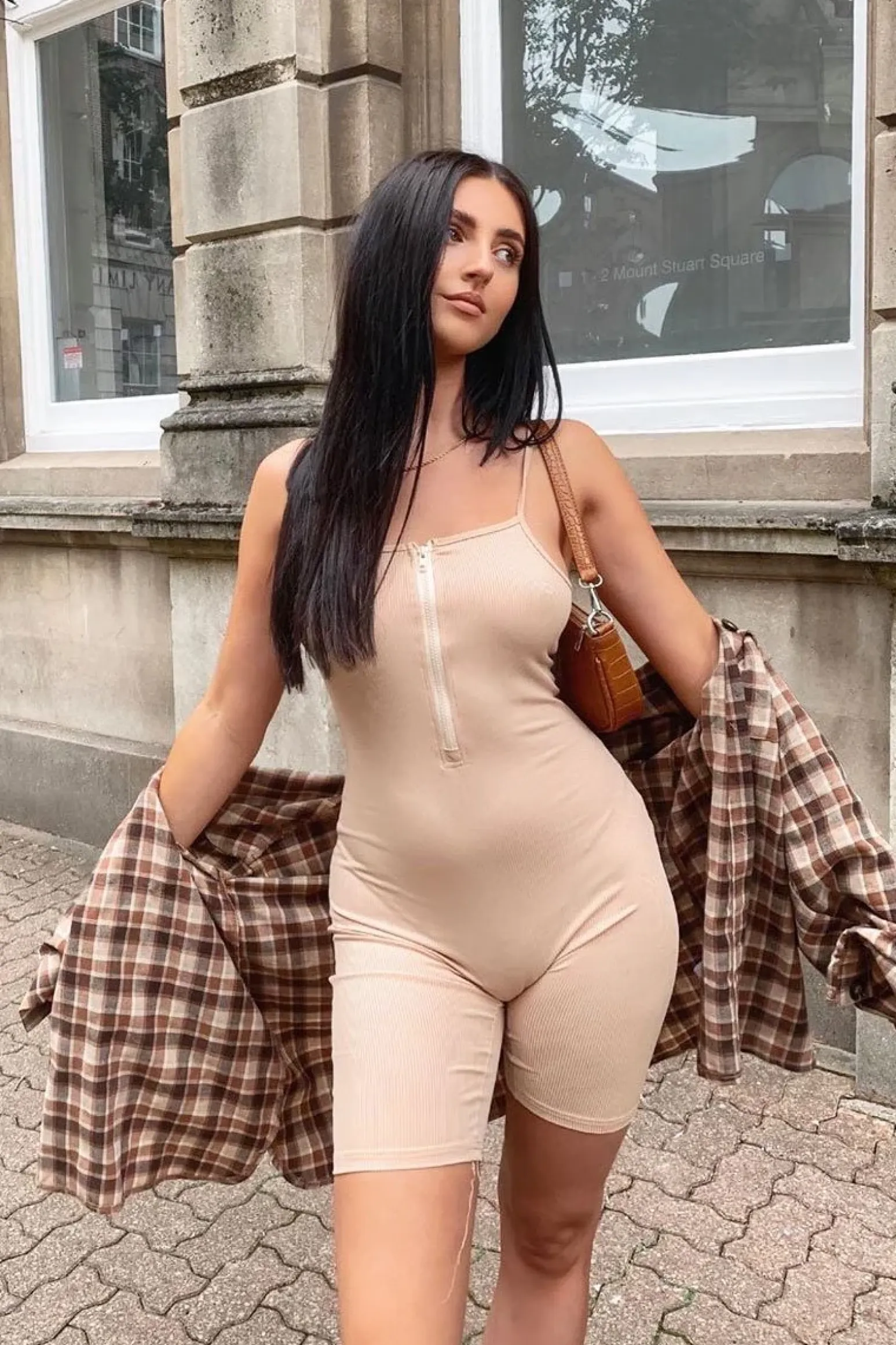 Rebellious Fashion Beige Ribbed Zip Front Unitard Playsuit - Lanay