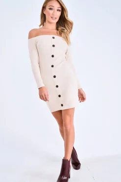 Rebellious Fashion Beige Rib Button Down Mini Dress - Lorenna