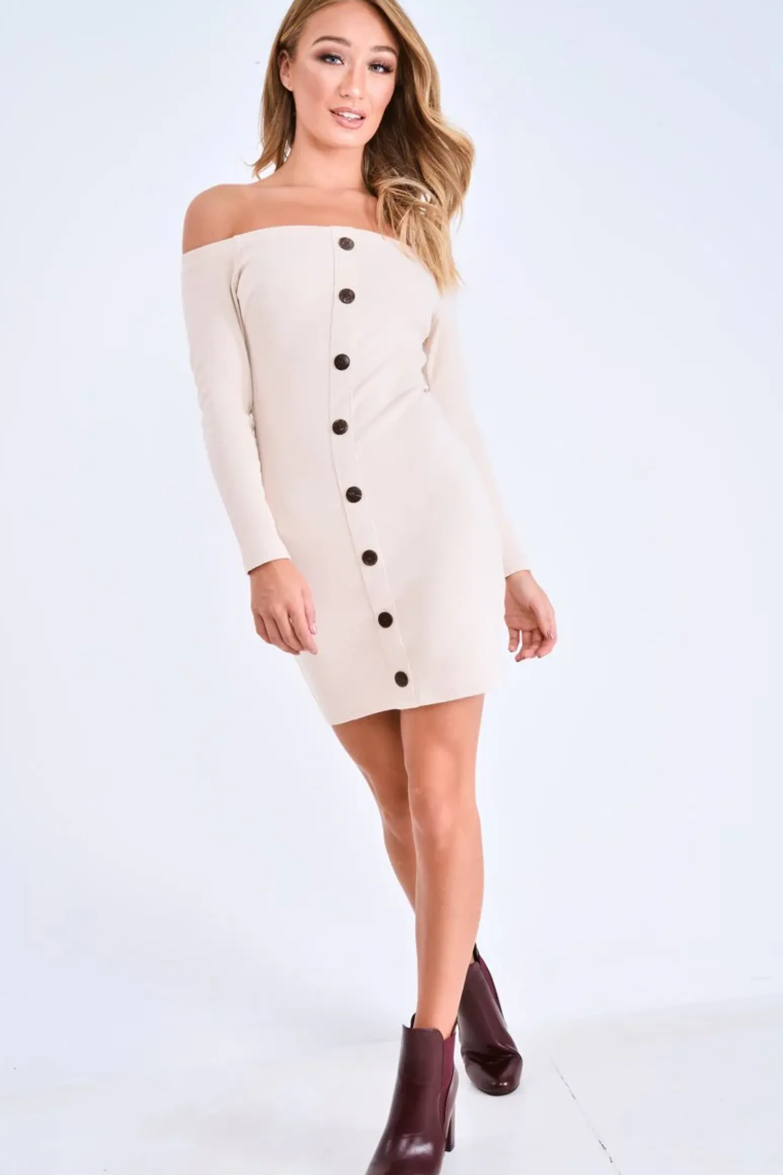 Rebellious Fashion Beige Rib Button Down Mini Dress - Lorenna