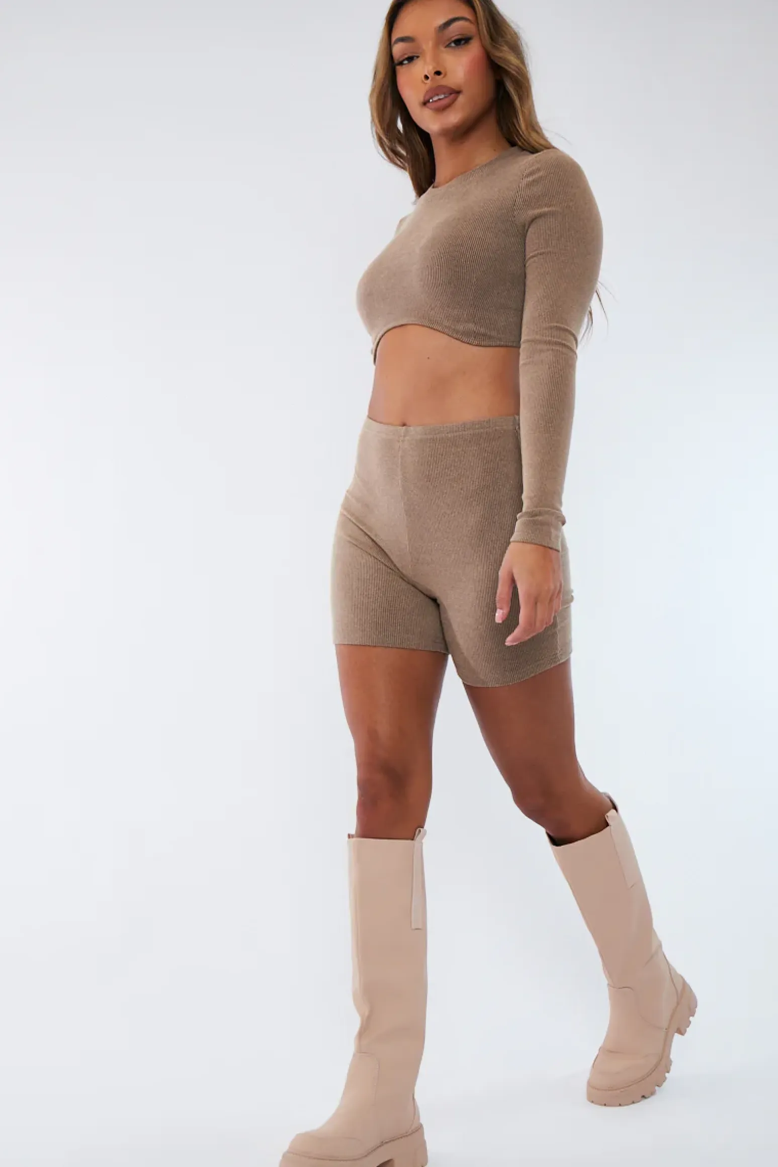 Rebellious Fashion Beige Rib Crop Top & Shorts Set - Zoe