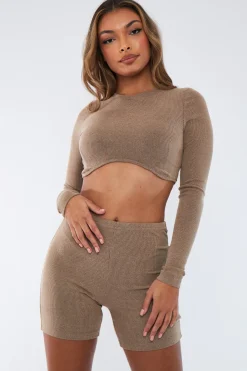 Rebellious Fashion Beige Rib Crop Top & Shorts Set - Zoe