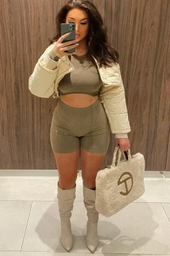 Rebellious Fashion Beige Rib Crop Top & Shorts Set - Zoe