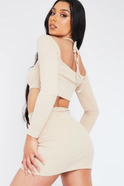 Rebellious Fashion Beige Rib Halter Neck Crop Top & Mini Skirt Set - Acadia