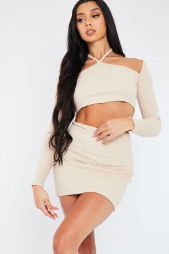 Rebellious Fashion Beige Rib Halter Neck Crop Top & Mini Skirt Set - Acadia