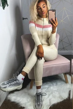 Rebellious Fashion Beige Rib Knit Colour Block Loungewear Set - Jaysie