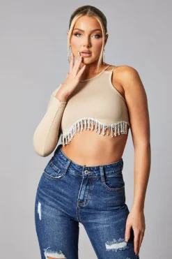Rebellious Fashion Beige Rib Knit Diamante Detail One Sleeve Cropped Top -- Aina