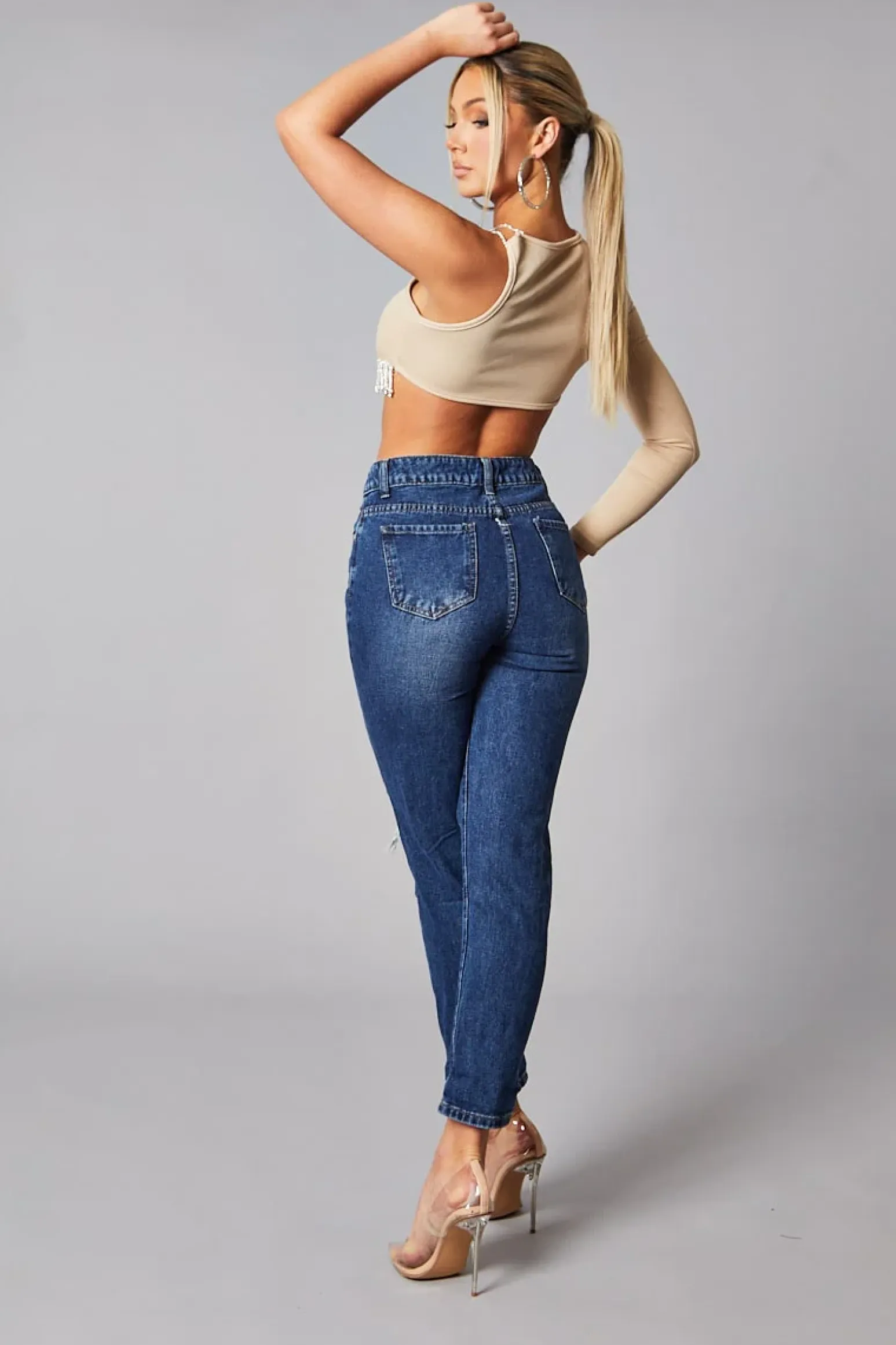 Rebellious Fashion Beige Rib Knit Diamante Detail One Sleeve Cropped Top -- Aina
