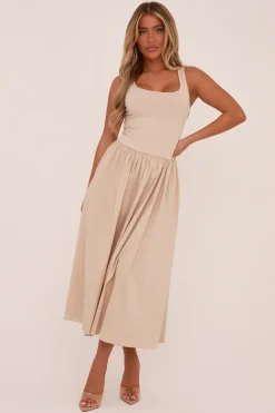 Rebellious Fashion Beige Rib Knit Drop Waist Scoop Neck Maxi Dress - Elian