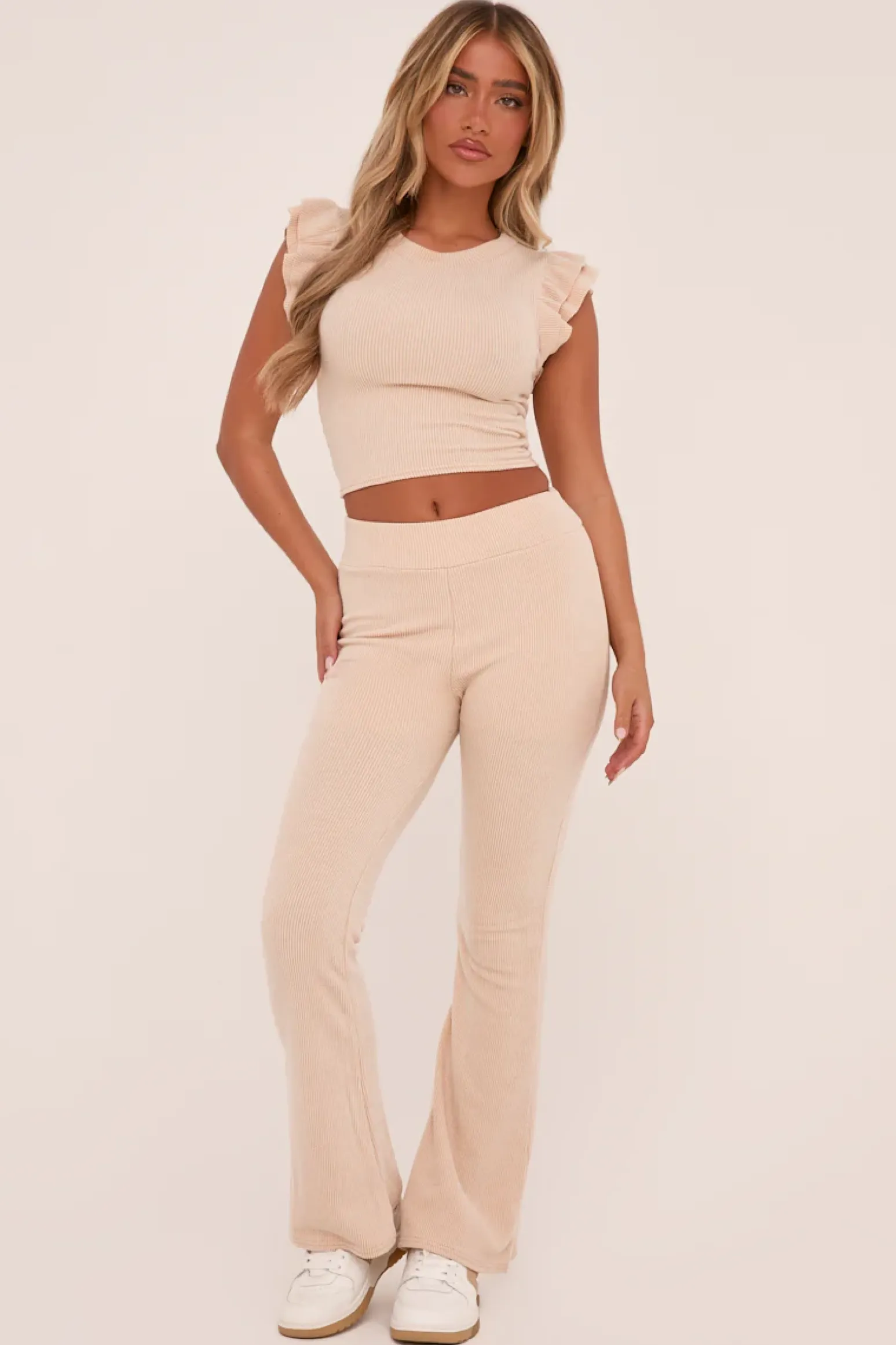 Rebellious Fashion Beige Rib Knit Frill Detail Top & Trousers Co-ord Set - Vaneeza