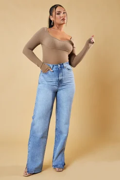 Rebellious Fashion Beige Rib Knit Long Sleeve Bodysuit - Vari