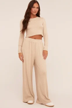 Rebellious Fashion Beige Rib Knit Long Sleeve Top & Wide Leg Trouser Co-ord Set - Damia