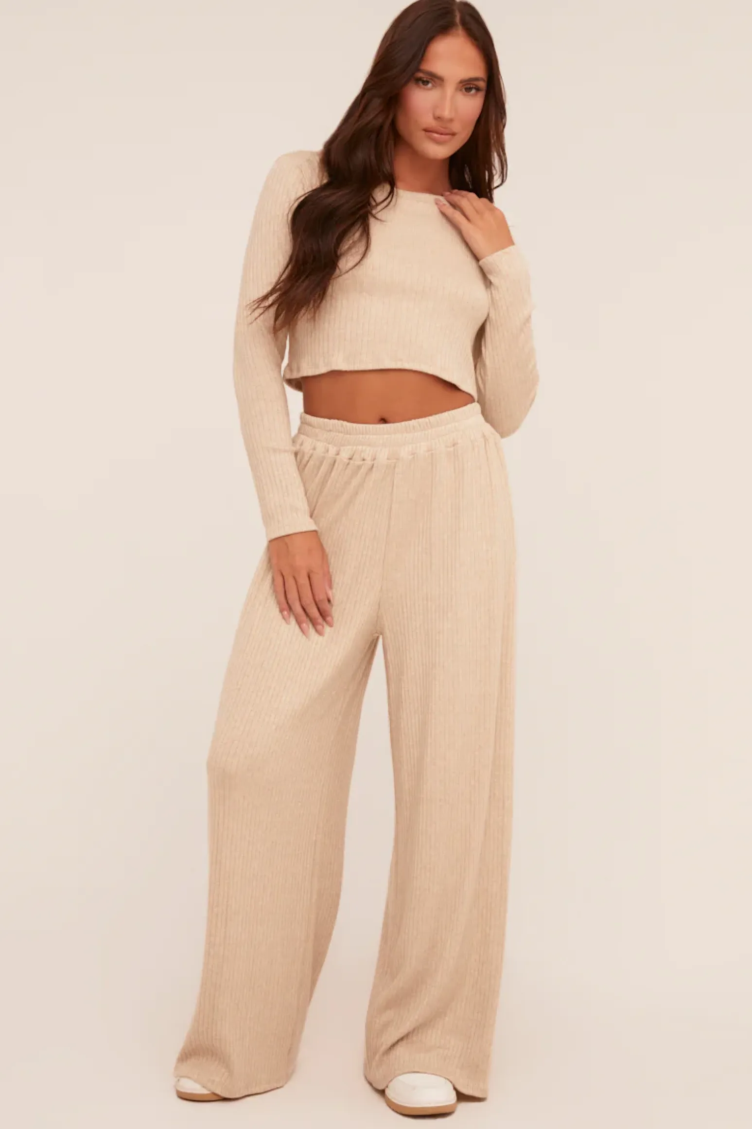 Rebellious Fashion Beige Rib Knit Long Sleeve Top & Wide Leg Trouser Co-ord Set - Damia