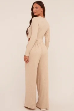 Rebellious Fashion Beige Rib Knit Long Sleeve Top & Wide Leg Trouser Co-ord Set - Damia