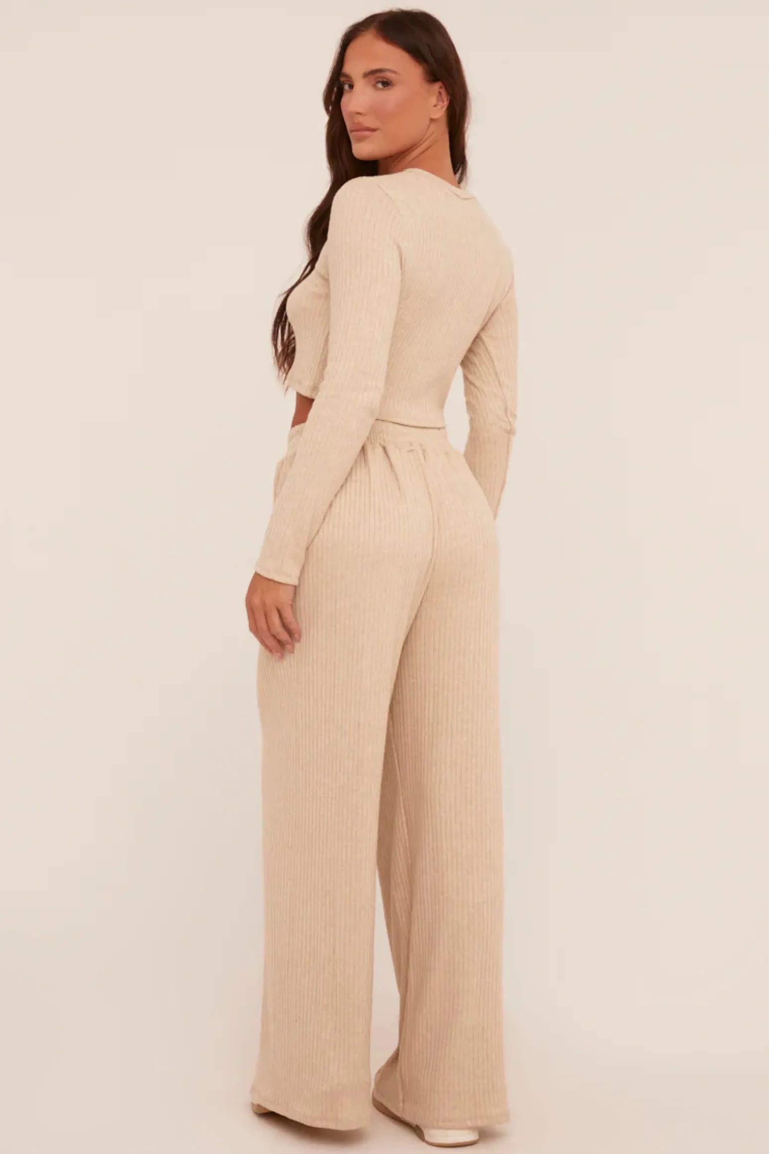 Rebellious Fashion Beige Rib Knit Long Sleeve Top & Wide Leg Trouser Co-ord Set - Damia