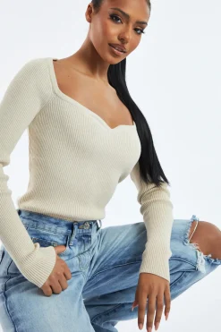 Rebellious Fashion Beige Rib Knit Long sleeve Top - Gianna