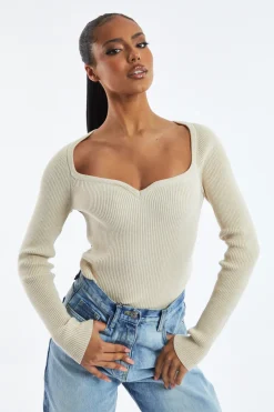 Rebellious Fashion Beige Rib Knit Long sleeve Top - Gianna