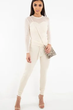 Rebellious Fashion Beige Rib Knit Mesh Insert Loungewear Set - Genavie